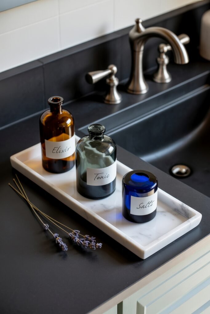 Gothic Bathroom Ideas: Genius Touches for Moody Glam 30 Close-up of a marble tray holding vintage apothecary bottles labeled Elixir, Tonic, and Salts, beside a dark sink and sprigs of lavender, offering a mystical, styled vignette.