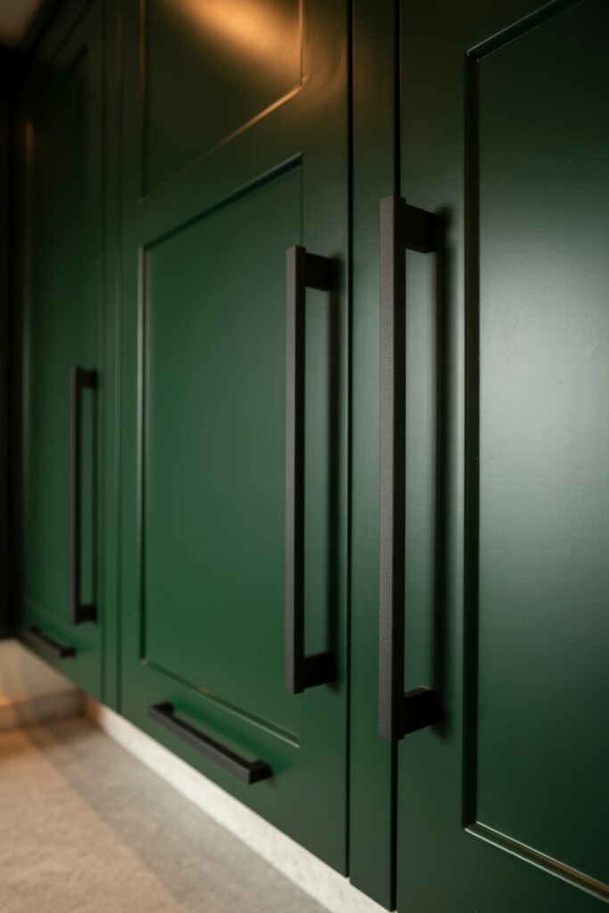 Green Kitchen Cabinets: Stylish Ways to Elevate Style 27 Close-up of deep green kitchen cabinets with bold black vertical handles, showing off a modern, minimalist aesthetic under warm ambient lighting.