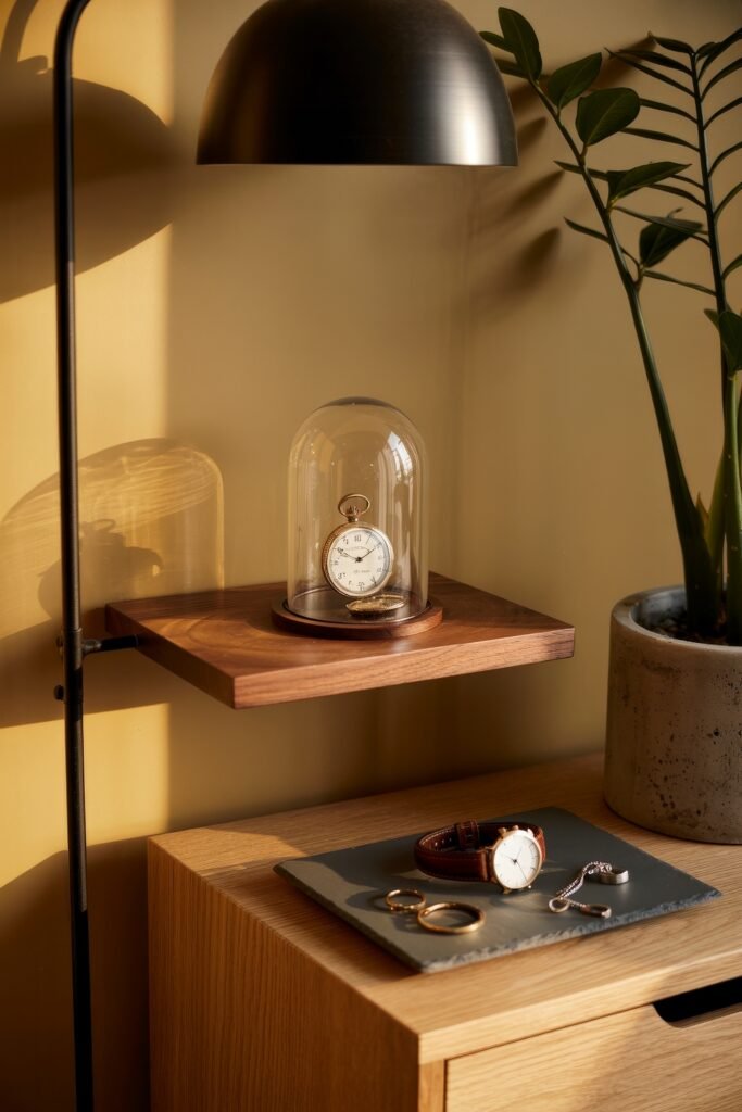 Masculine Luxury Bedroom: Genius Luxe Ideas 32 A cozy vignette featuring a warm yellow wall, sunlight streaming over a wooden shelf holding a pocket watch under glass, with a nearby pot holding a ZZ plant in a concrete planter.