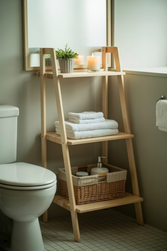 Neutral Bathroom Ideas: Genius Spa-Like Upgrades 30 Cozy bathroom corner with a light wooden ladder shelf holding white towels, a potted plant, a lit candle, and a wicker basket with bath products, beside a frosted window and white toilet.