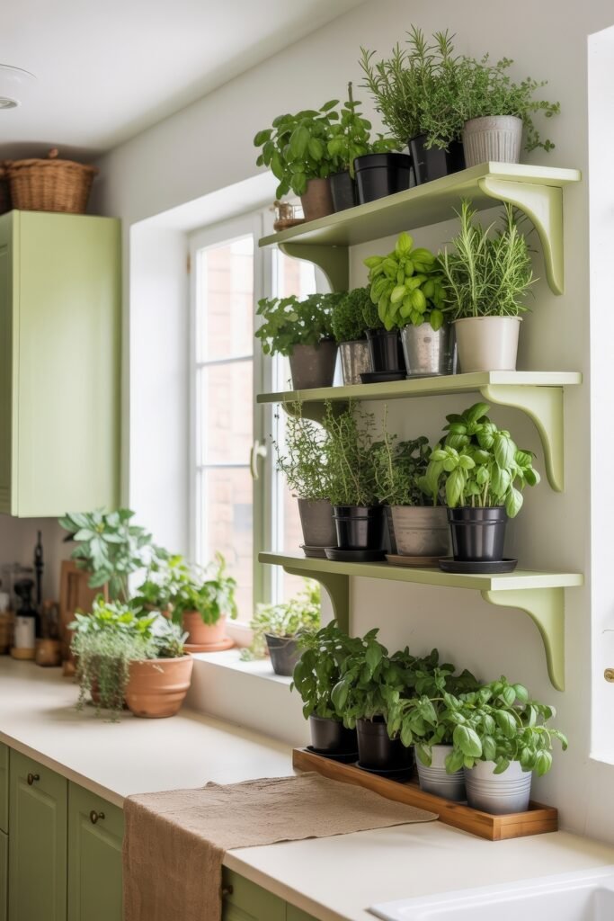 Sage Green Kitchen Bliss: Inspiring Ideas 27 Fresh Green-Themed Kitchen with a large variety of herbs in pots lining the counter and wall-mounted open shelves, bathed in natural daylight.