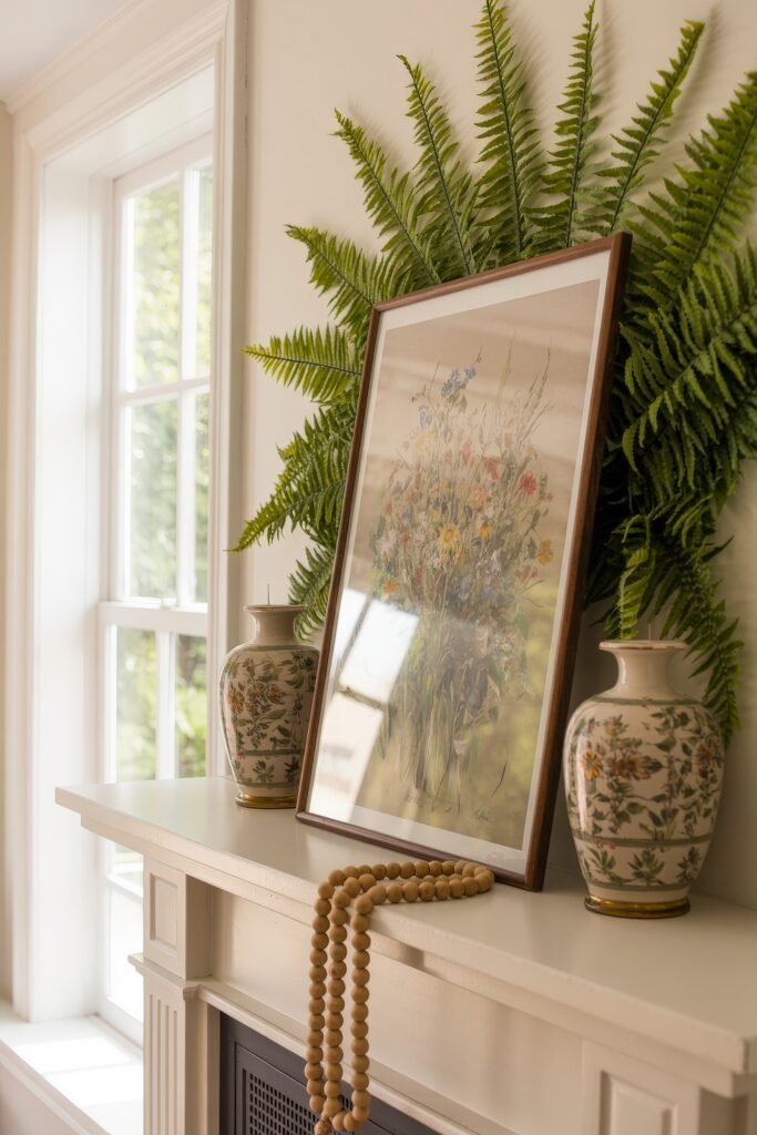 Summer Mantel Decor Tips (Even If You Don’t Have a Fireplace) 24 White mantel with large fern leaves, floral vases, framed wildflower artwork, and wooden bead garland for elegant summer mantel decor.