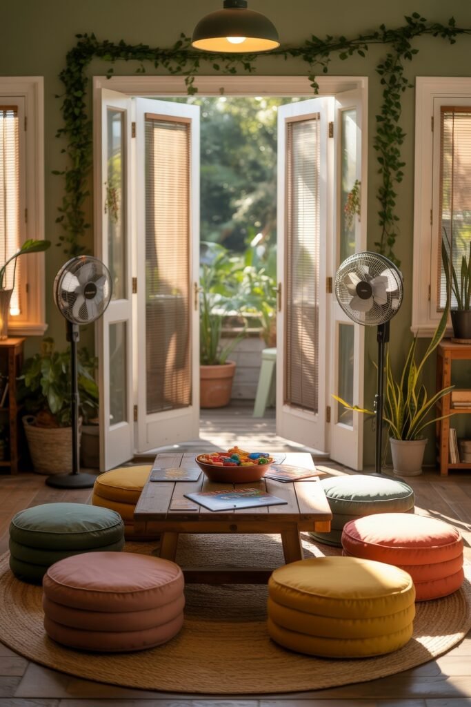 Bright Summer Sunroom Ideas: Airy Decor for Sunny Days 28 A cozy summer sunroom with open French doors, colorful floor cushions, a wooden coffee table, and fans, inviting relaxation.