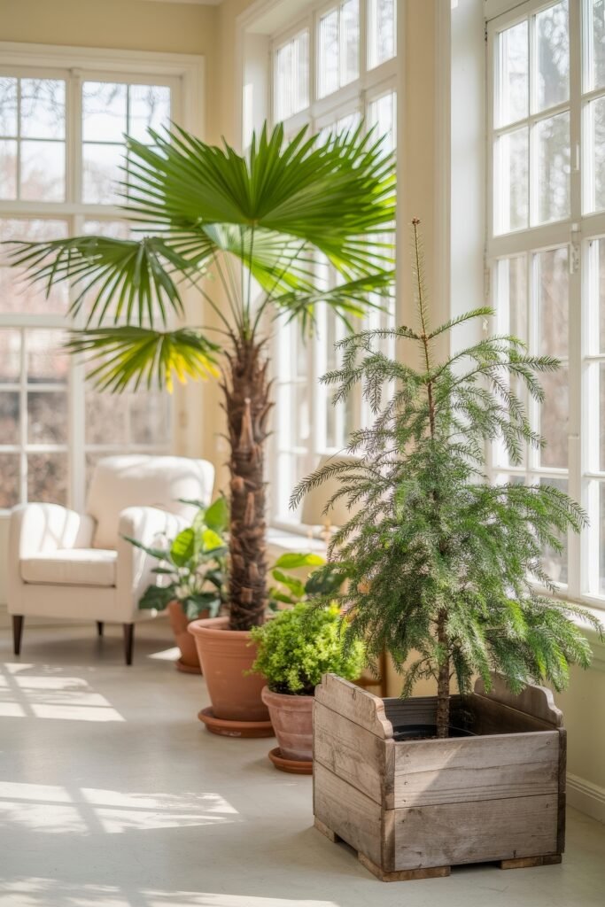 Indoor Sunroom Furniture Ideas for Cozy Winters & Breezy Summers 24 Bright sunroom with tall tropical plants in terracotta pots and a white armchair in the background.