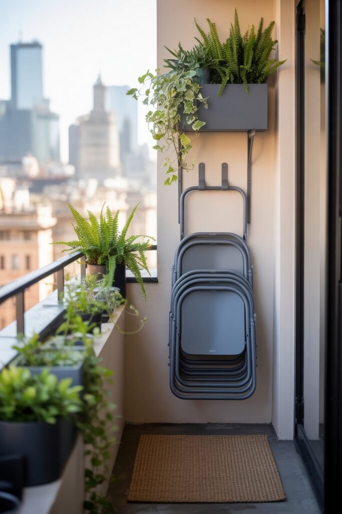Stylish Rooftop and Terrace Garden Design 34 Compact balcony with stacked gray folding chairs, a small doormat, and an arrangement of fresh green potted plants along the railing and wall, maximizing vertical garden space.