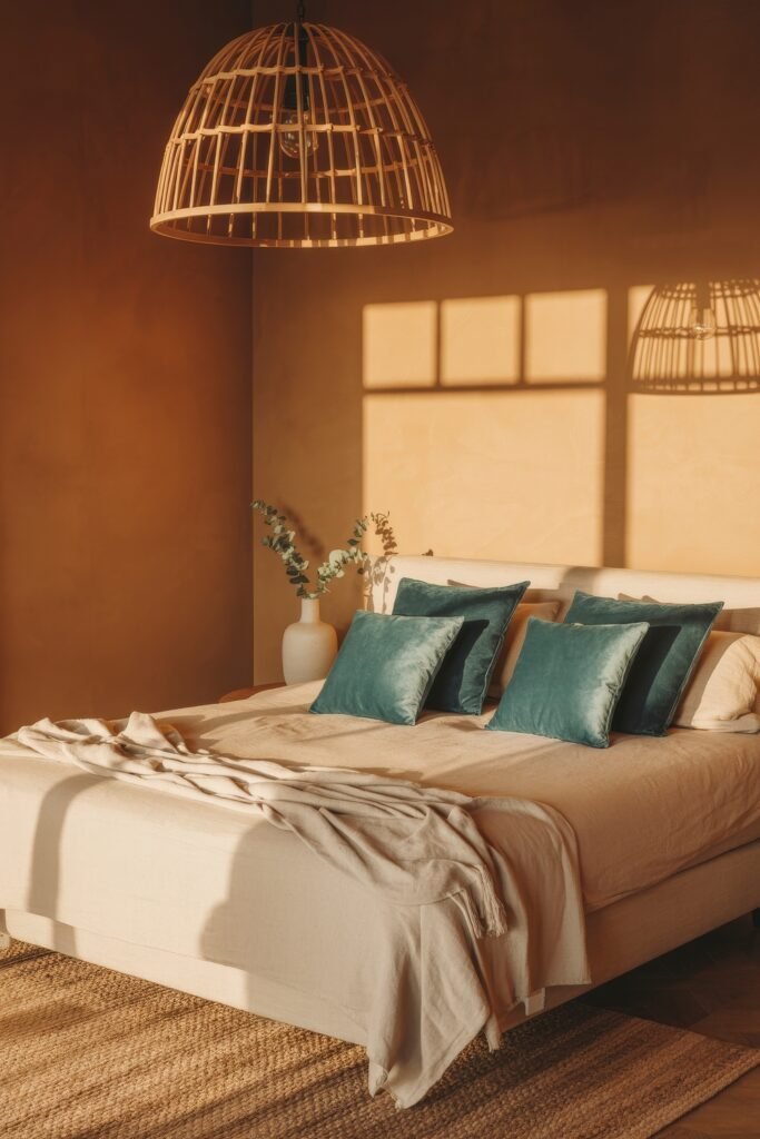 Terracotta Bedroom Ideas: Genius Ways to Glow 26 Sun-drenched terracotta room with natural fiber rug, minimal bedding in beige, and vibrant teal accent pillows, beneath a woven dome pendant light.