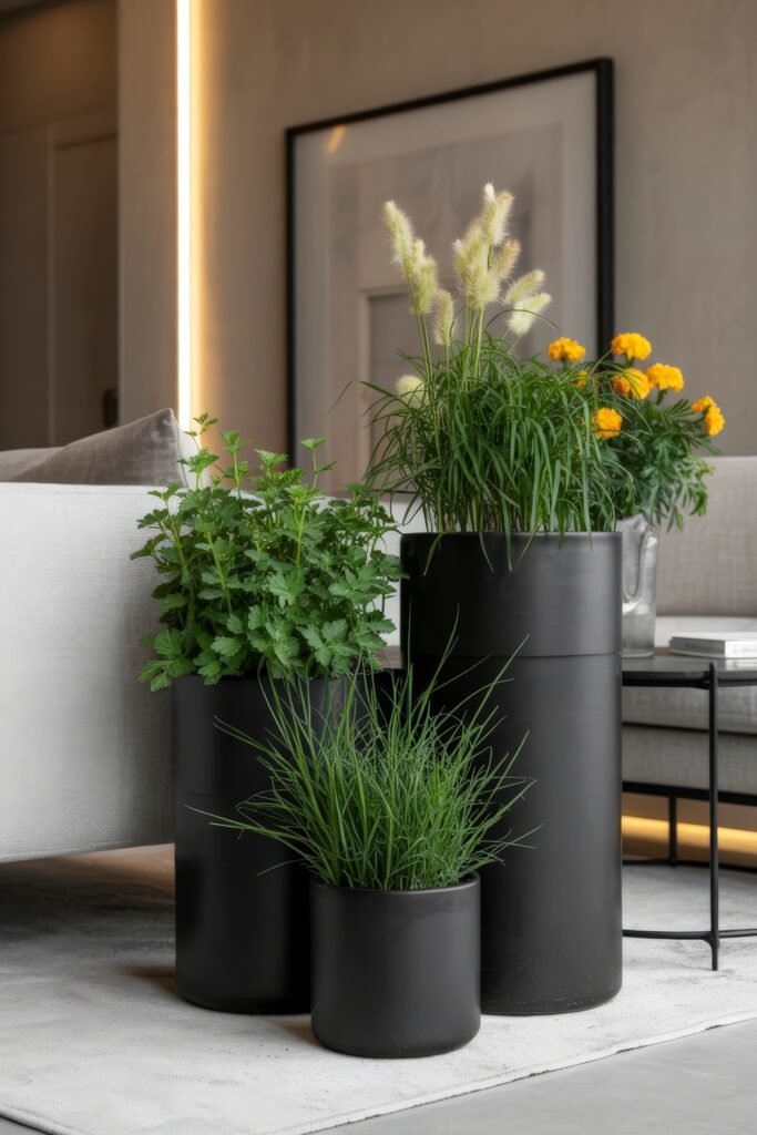 Green Guards: Chic Houseplants that Naturally Repel Insects 23 Grouping of lemongrass, mint, marigolds, and other greenery in matte black pots beside a sofa, blending pest control with modern interior style