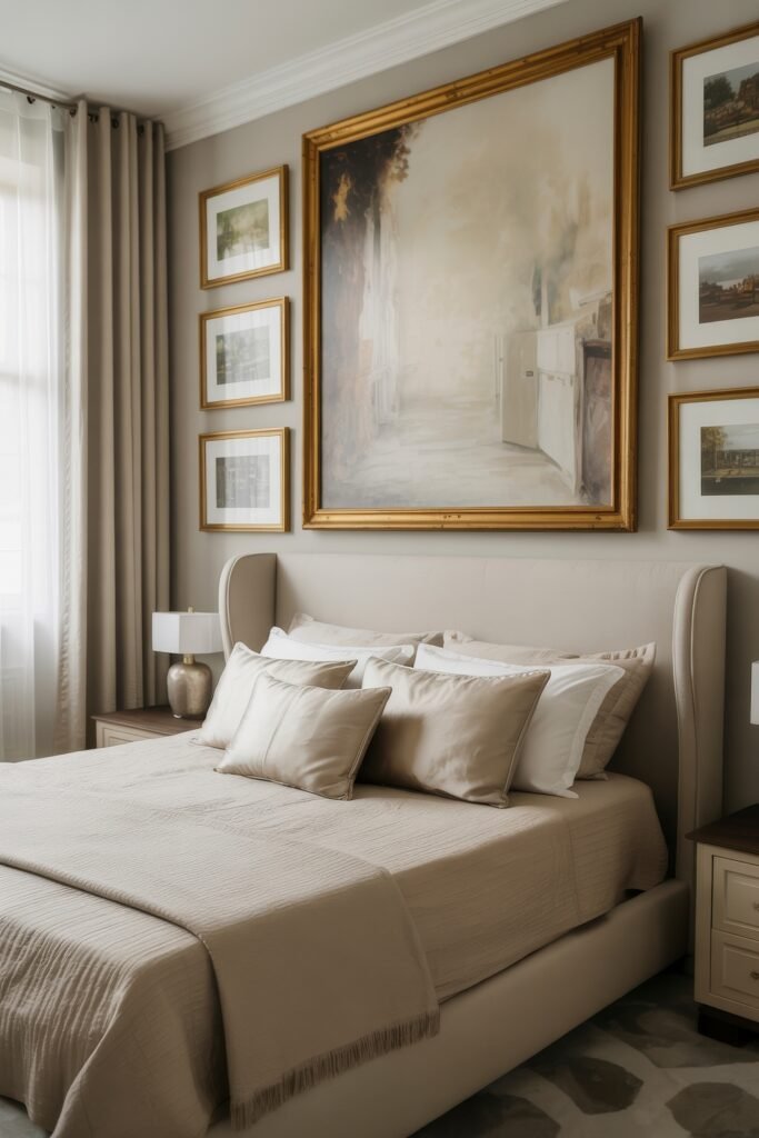 Classy Luxury Master Bedroom: Chic Ideas for Instant Elegance 26 Sophisticated bedroom with a curved headboard, layered satin pillows, and a large framed painting surrounded by gold-trimmed artwork, adding artistic richness to this Luxury Master Bedroom.