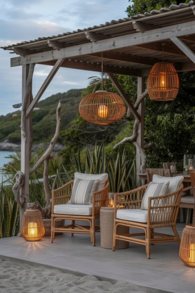 Coastal Summer Vibes for City Apartments 34 Beachside patio with rattan chairs, glowing lanterns, and driftwood accents, perfect for coastal summer decor.