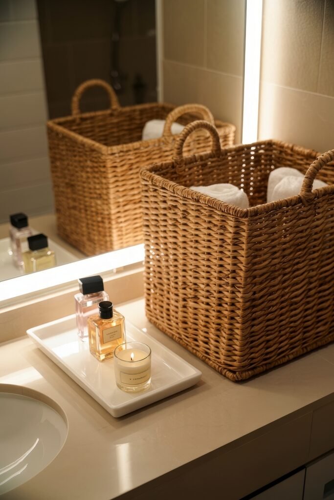 Cream Bathroom Ideas: Genius Ways to Warm Up Your Space 28 Softly lit countertop scene with two rattan baskets holding towels, and a white tray featuring perfume bottles and a candle, ideal for a cozy, spa-inspired atmosphere.