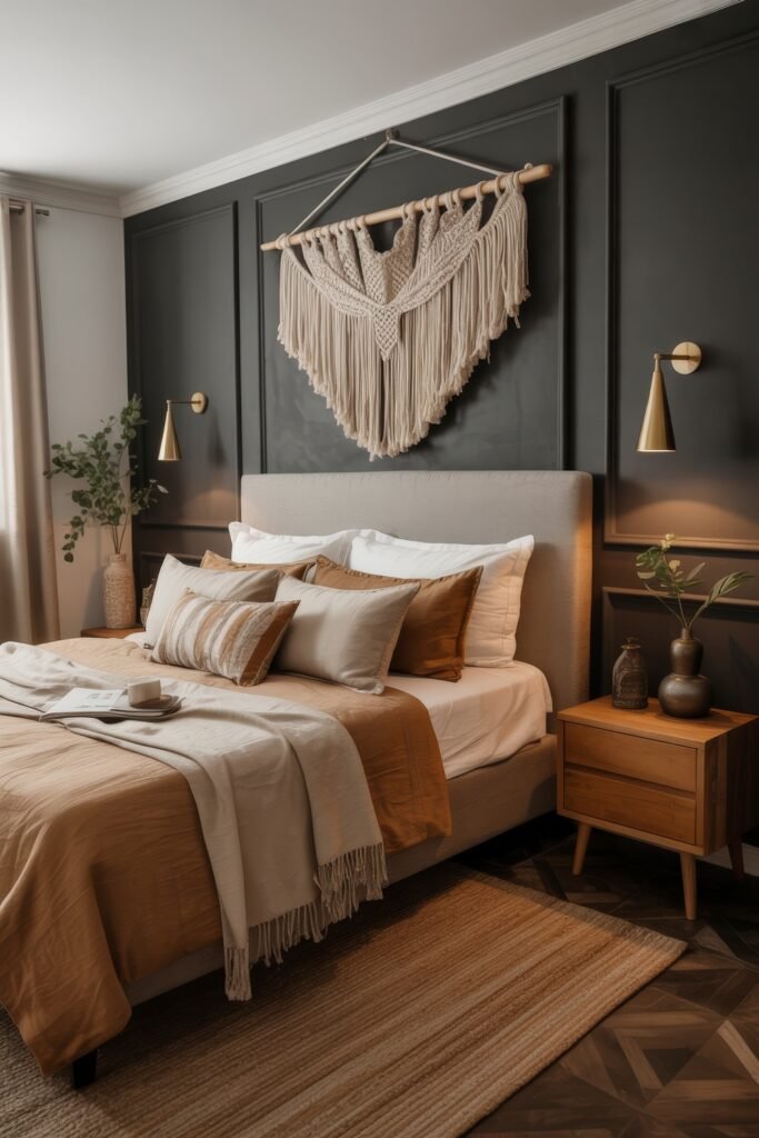 Dark Boho Bedroom Ideas: Unexpected Tricks for Cozy Drama 27 Elegant earth-toned bedroom with layered neutral bedding, brass sconces, a large macrame wall hanging, and warm wooden furniture on a striped rug.