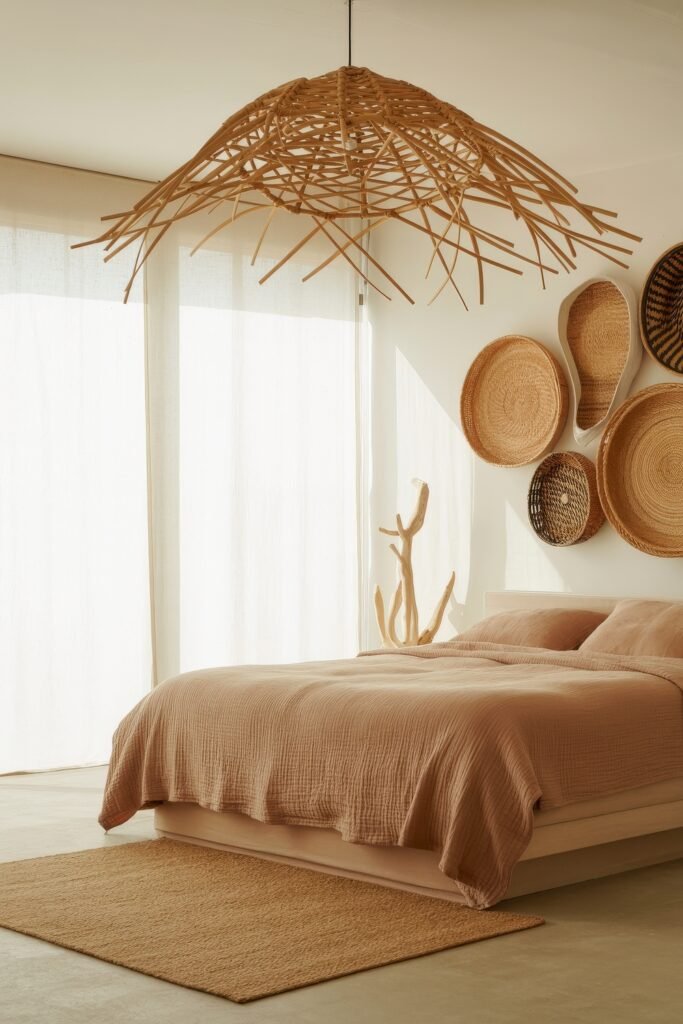 Earthy Bedroom Ideas: 12 Essential Ways to Elevate Your Space 27 Natural-toned bedroom with sculptural rattan light fixture, woven baskets on the wall, and minimalist bedding in warm terracotta shades over a tan rug.