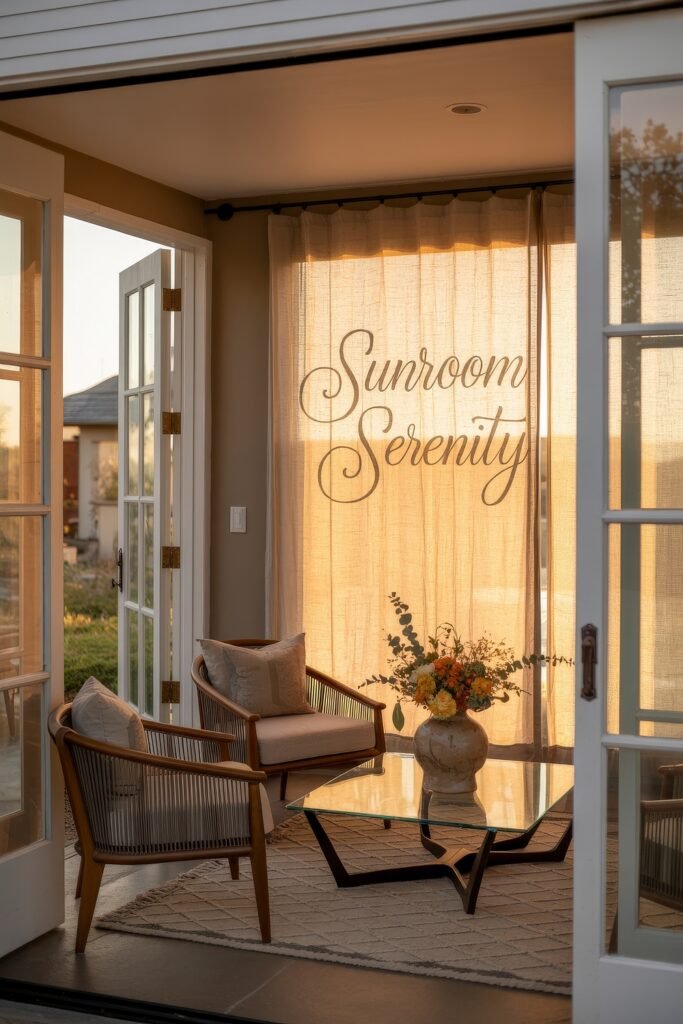 Cozy Fall Sunroom Ideas: Autumn Decor for a Warm Retreat 28 Inviting Sunroom & Four-Season Rooms space with cushioned chairs, a glass coffee table, floral arrangement, and curtains featuring the words “Sunroom Serenity.”
