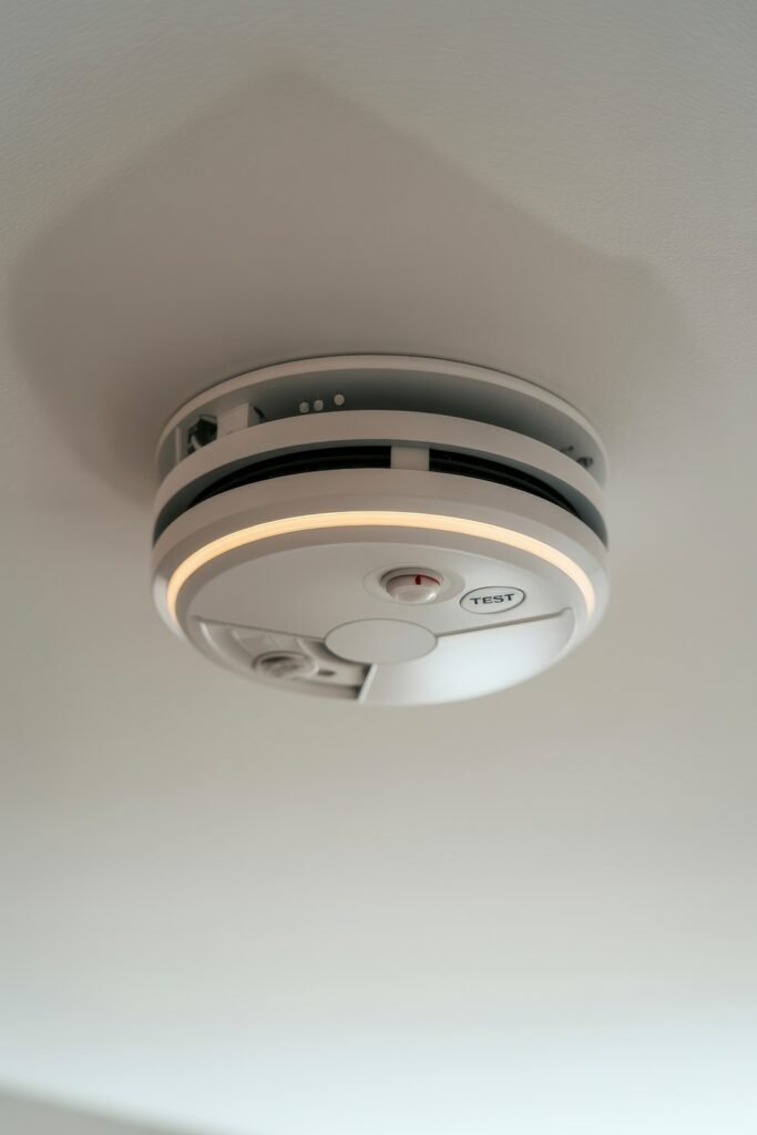 First Apartment Checklist: Essential Tips You’ll Love 27 Close-up of a smoke and carbon monoxide detector mounted on the ceiling with a test button—an important safety item for any First Apartment Planning list.
