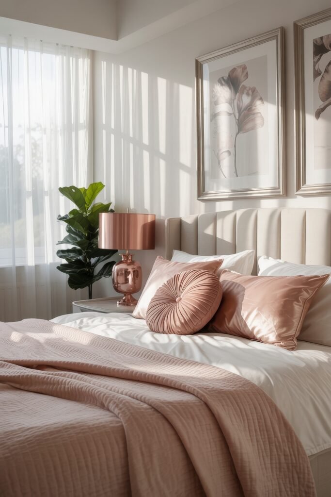 Glam Bedroom Décor: Essential Tips for Luxe Sleep 28 Sunlit bedroom with blush pillows, a round accent cushion, and a rose gold lamp beside botanical artwork, blending warmth and femininity in a Glam Bedroom Décor style.