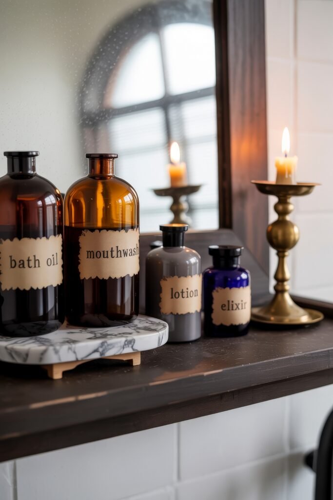 Gothic Bathroom Ideas: Genius Touches for Moody Glam 31 Apothecary-style glass bottles labeled bath oil, mouthwash, lotion, and elixir arranged on a dark wooden shelf with a lit brass candlestick and vintage mirror, evoking an old-world Gothic charm.