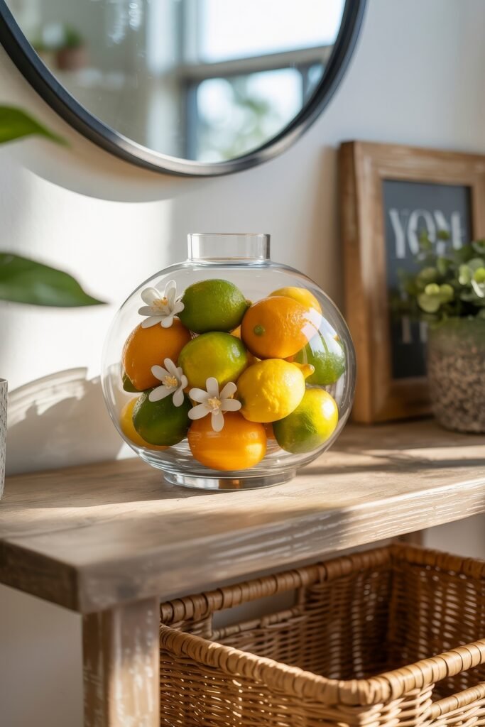 Sunshine on a Budget: Bright Lemon Décor Ideas for Your Home 28 Round glass vase filled with lemons, limes, oranges, and white blossoms on a rustic wood shelf beneath a round mirror, adding vibrant Fruit & Citrus-Inspired Décor.