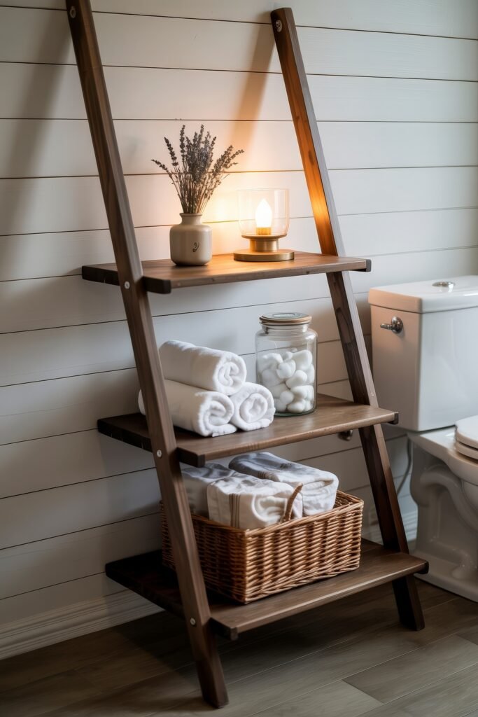 Neutral Bathroom Ideas: Genius Spa-Like Upgrades 31 Rustic wooden ladder shelf in a bathroom against white shiplap walls, styled with rolled white towels, a jar of cotton balls, a wicker basket of linens, a lavender bouquet in a ceramic vase, and a softly glowing lamp—capturing cozy Neutral Bathroom Ideas.