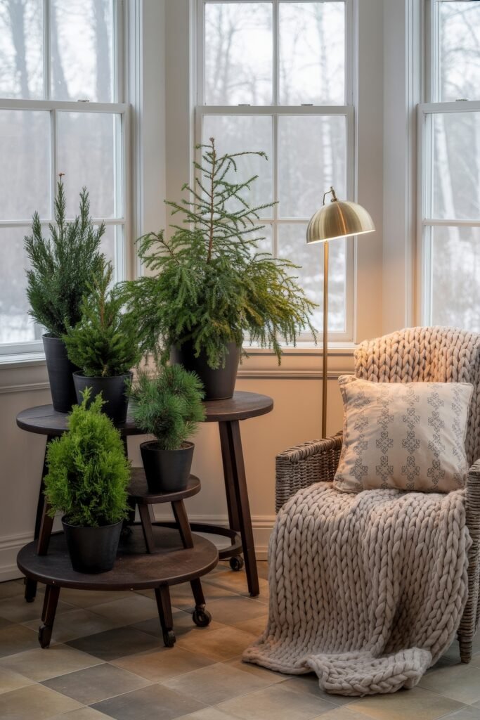 Indoor Sunroom Furniture Ideas for Cozy Winters & Breezy Summers 25 Winter sunroom with a wicker chair, cozy knit blanket, potted evergreens, and a gold floor lamp.