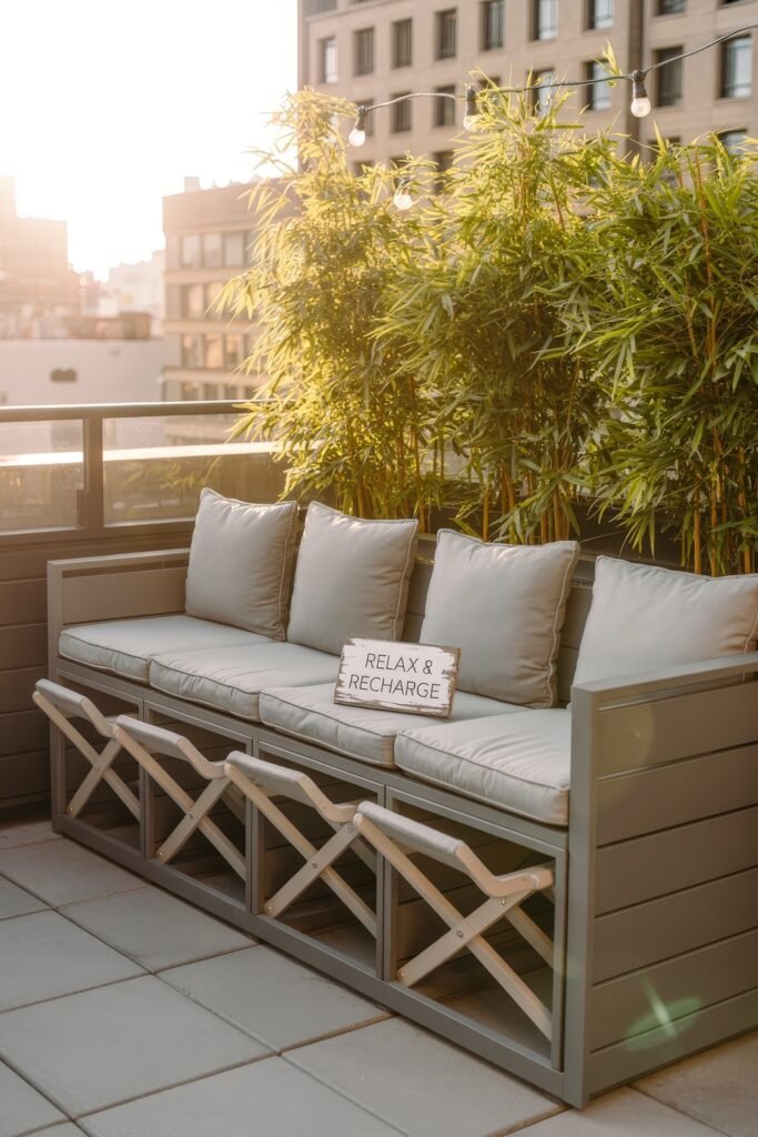 Stylish Rooftop and Terrace Garden Design 35 Cushioned bench on a balcony surrounded by tall bamboo plants, with a "Relax & Recharge" sign, softly backlit by golden hour sunlight, inviting peaceful moments in a greenery-enhanced urban space.