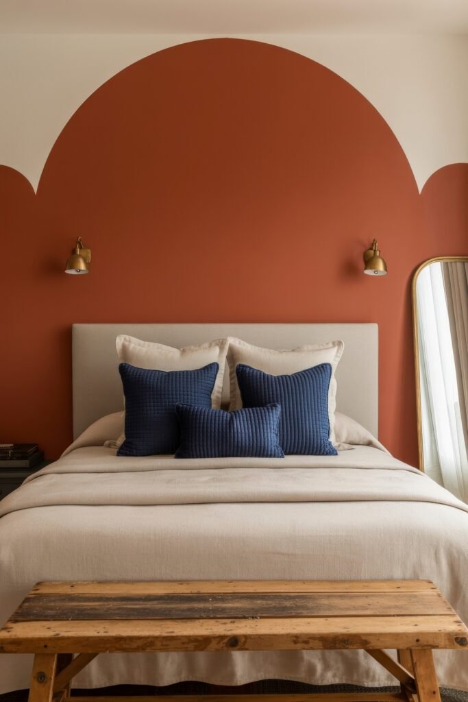 Terracotta Bedroom Ideas: Genius Ways to Glow 27 Bold terracotta and white scallop-painted wall behind a beige bed with dark navy blue accent pillows and a rustic wooden bench at the foot.