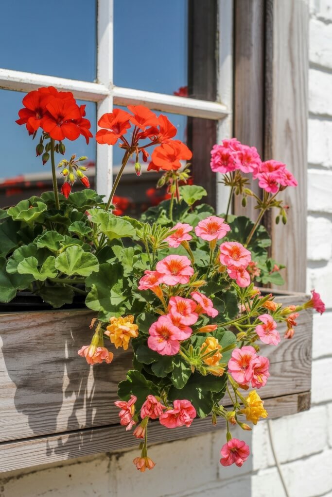 Window box flowers: Genius Ways to Wow Any Apartment 32 A rustic wooden window box brimming with bold red, pink, and yellow geraniums in full sun, creating a lively and warm summer Window box flowers scene.