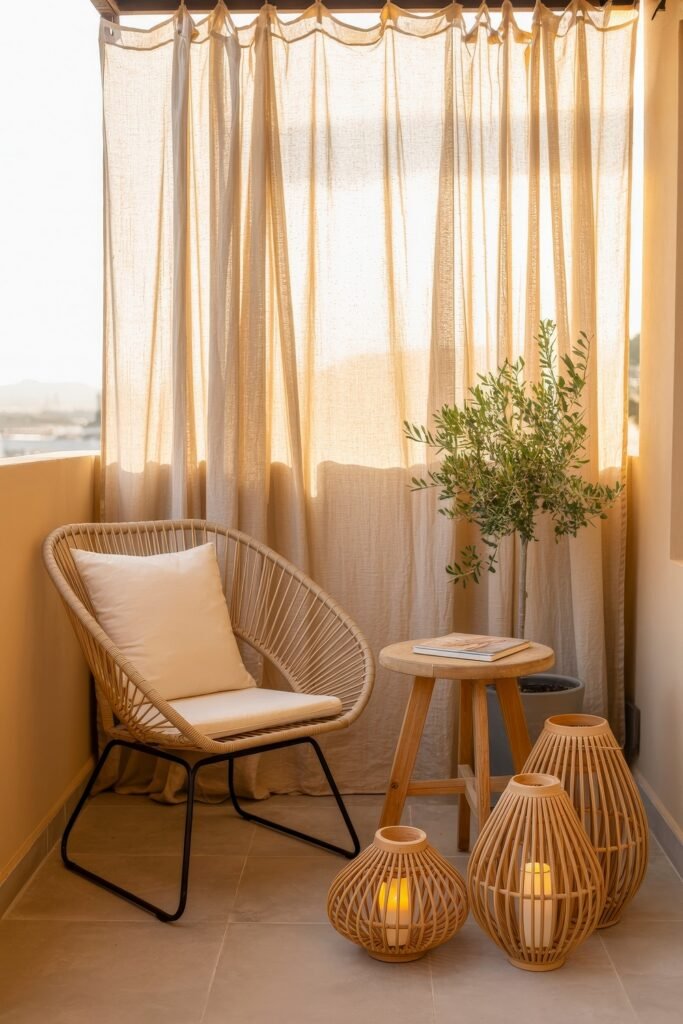 Coastal Summer Vibes for City Apartments 35 Small balcony nook with a rattan chair, potted plant, and lanterns, styled for cozy summer décor.
