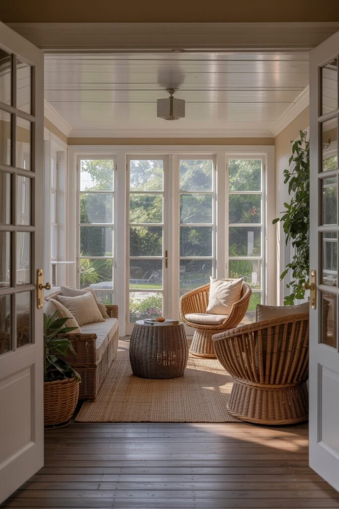 Cozy Fall Sunroom Ideas: Autumn Decor for a Warm Retreat 29 Bright sunroom with rattan furniture, a wicker coffee table, neutral cushions, and lush garden views, ideal for Fall Sunroom Ideas.