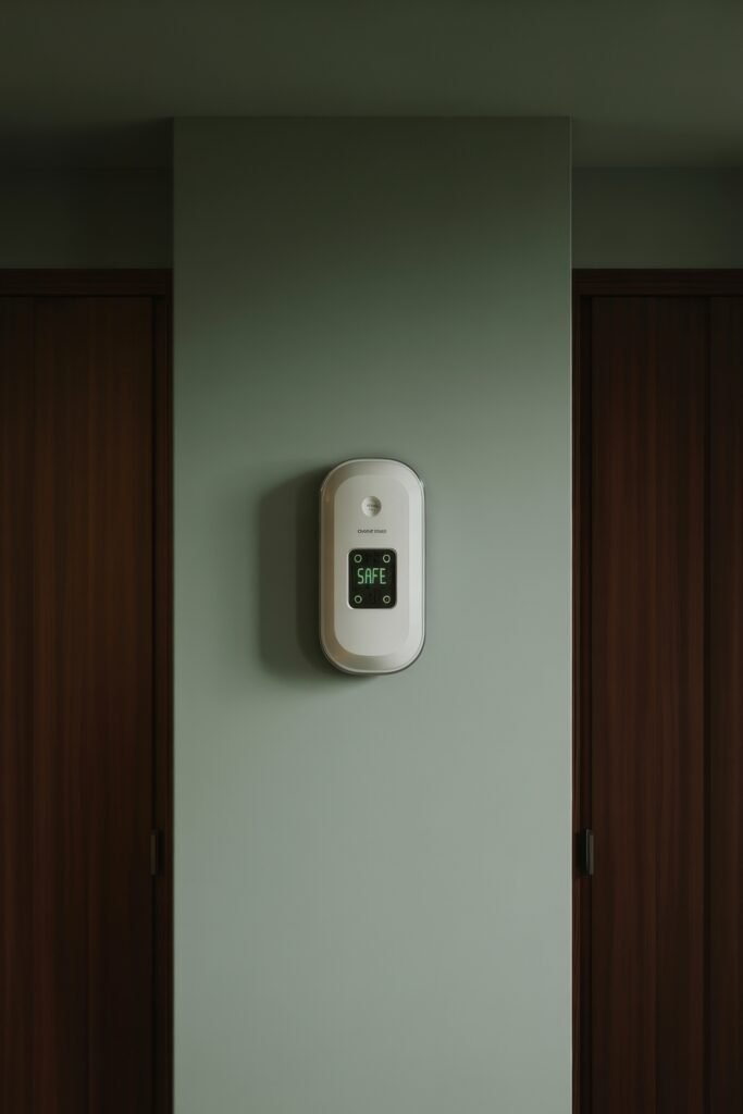 First Apartment Checklist: Essential Tips You’ll Love 28 Wall-mounted air quality monitor with a digital display reading “SAFE” installed between two dark wood doors—an often-overlooked safety device worth including in First Apartment Planning.