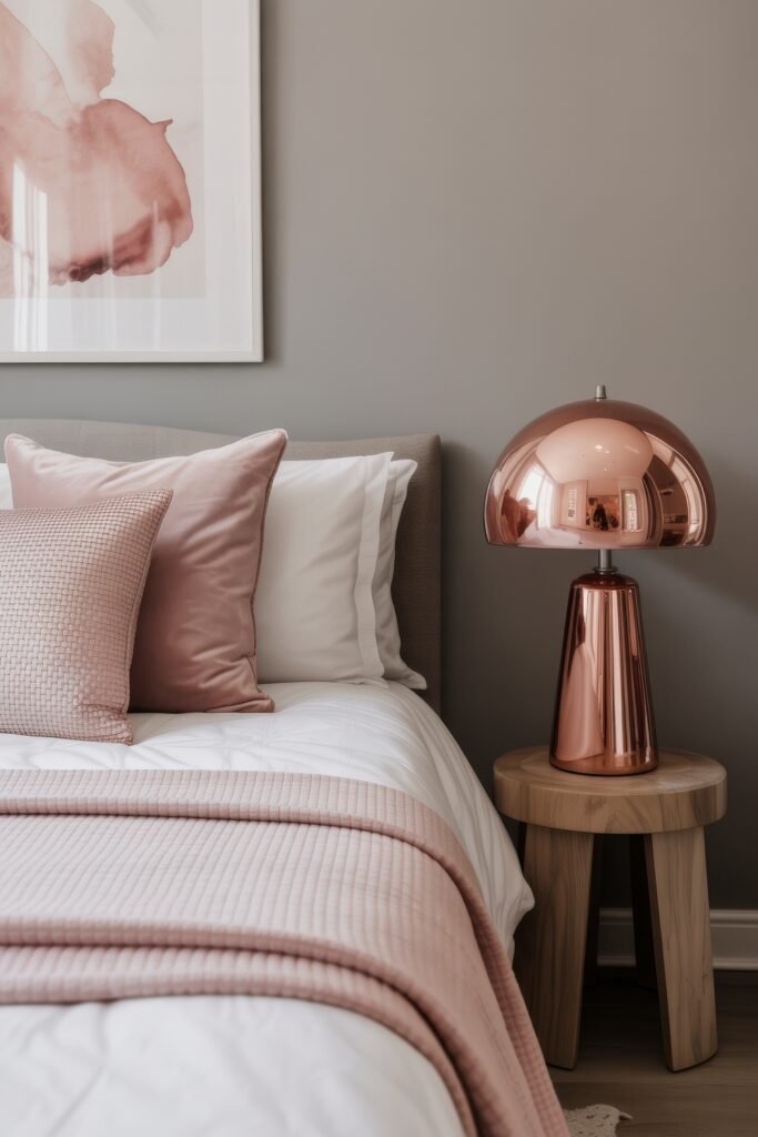 Glam Bedroom Décor: Essential Tips for Luxe Sleep 29 Modern blush-themed bedroom with a soft pink throw, pale pink pillows, and a striking rose gold dome lamp on a wooden side table for a chic Glam Bedroom Décor look.