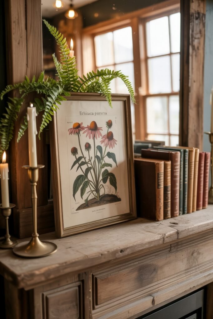 Summer Mantel Decor Tips (Even If You Don’t Have a Fireplace) 26 Rustic mantel with botanical art, vintage books, taper candles, and fern accents for cozy summer mantel decor.