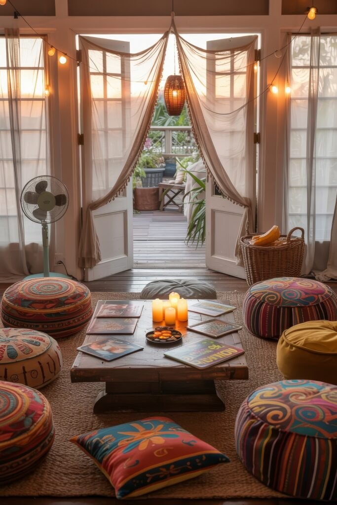 Bright Summer Sunroom Ideas: Airy Decor for Sunny Days 30 A boho-style summer sunroom with patterned poufs, a low table with candles, and string lights, perfect for a warm sunset gathering.