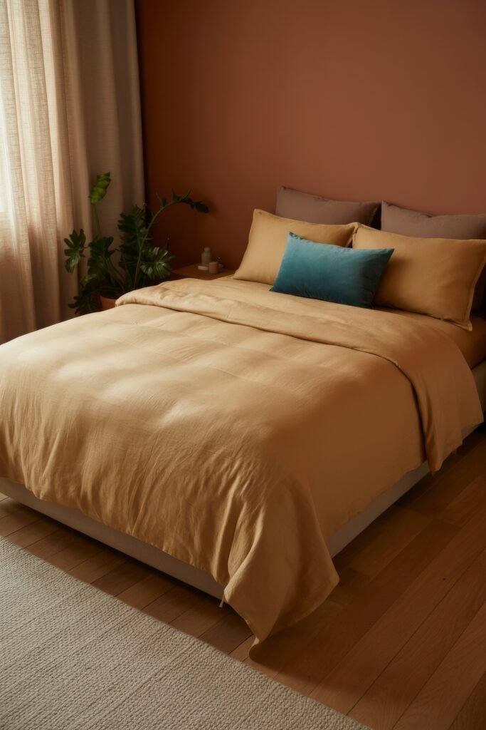 Terracotta Bedroom Ideas: Genius Ways to Glow 28 Softly lit bedroom with warm rust wall, golden bedding, and a single teal throw pillow, complemented by leafy green plants and neutral curtains.