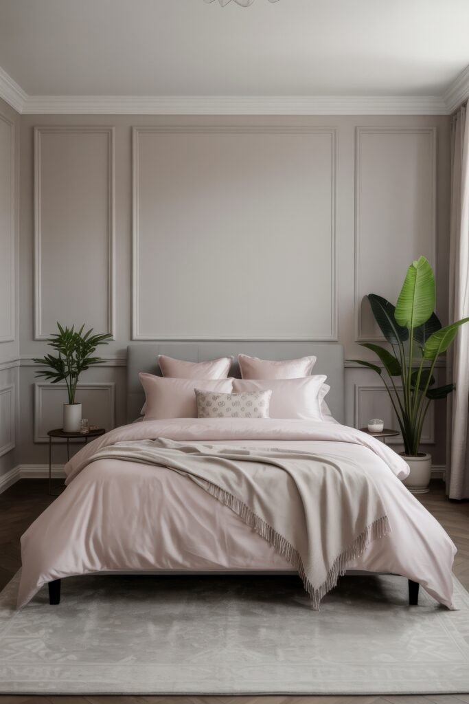 Glam Bedroom Décor: Essential Tips for Luxe Sleep 30 Minimalist Luxury Master Bedroom with pale blush bedding, symmetrical potted plants, and classic wall molding, offering a serene and refined design.