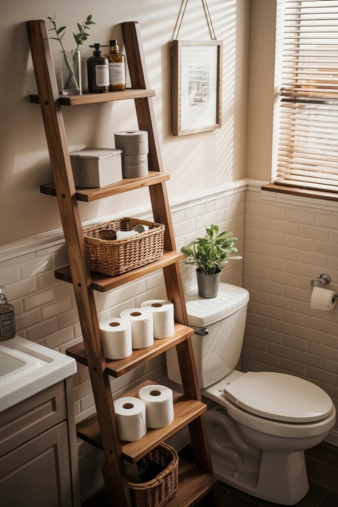 Bathroom Essentials for First Apartment: Genius Must-Haves 26 Wooden ladder shelf in a cozy bathroom, neatly stocked with toilet paper, storage boxes, a basket, and decorative items, enhancing both function and charm for First Apartment Planning.
