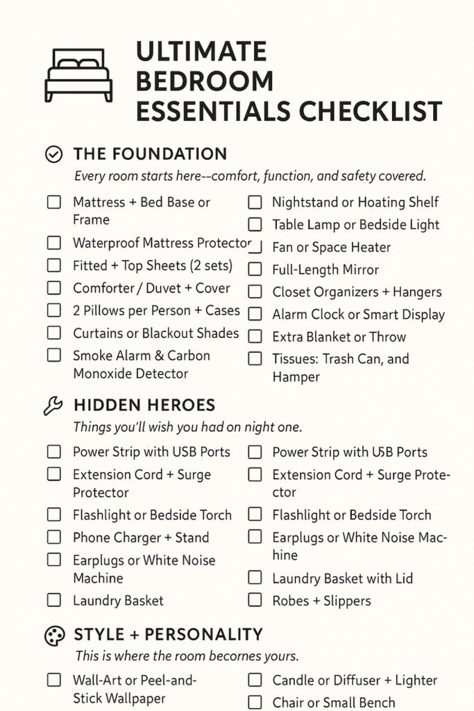 Bedroom Essentials for Your First Apartment: 12 Genius Must-Haves 26 A printed checklist titled “Ultimate Bedroom Essentials Checklist” with categorized items under The Foundation, Hidden Heroes, and Style + Personality, designed to guide first apartment planning with comfort, function, and convenience in mind.