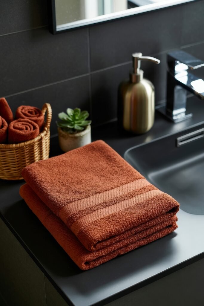 Black Bathroom Ideas: Genius Ways to Create Moody Glam 25 Close-up of a black vanity with rust-colored towels, a gold soap dispenser, and a small succulent, infusing warmth into a sleek modern setting.
