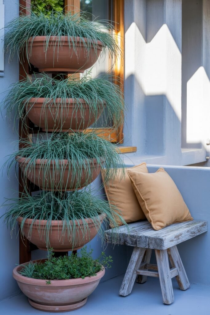 Coastal Summer Vibes for City Apartments 36 Vertical stack of terracotta planters with ornamental grass beside a rustic wooden bench with tan pillows, adding a charming summer décor touch.