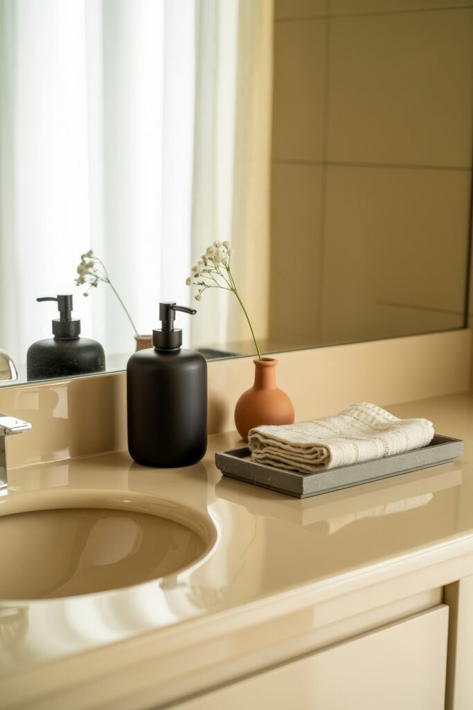 Cream Bathroom Ideas: Genius Ways to Warm Up Your Space 29 Cream-toned bathroom vanity setup with a glossy surface, matte black soap dispenser, small terracotta vase with white blooms, and neatly folded hand towel for a warm, minimal look.