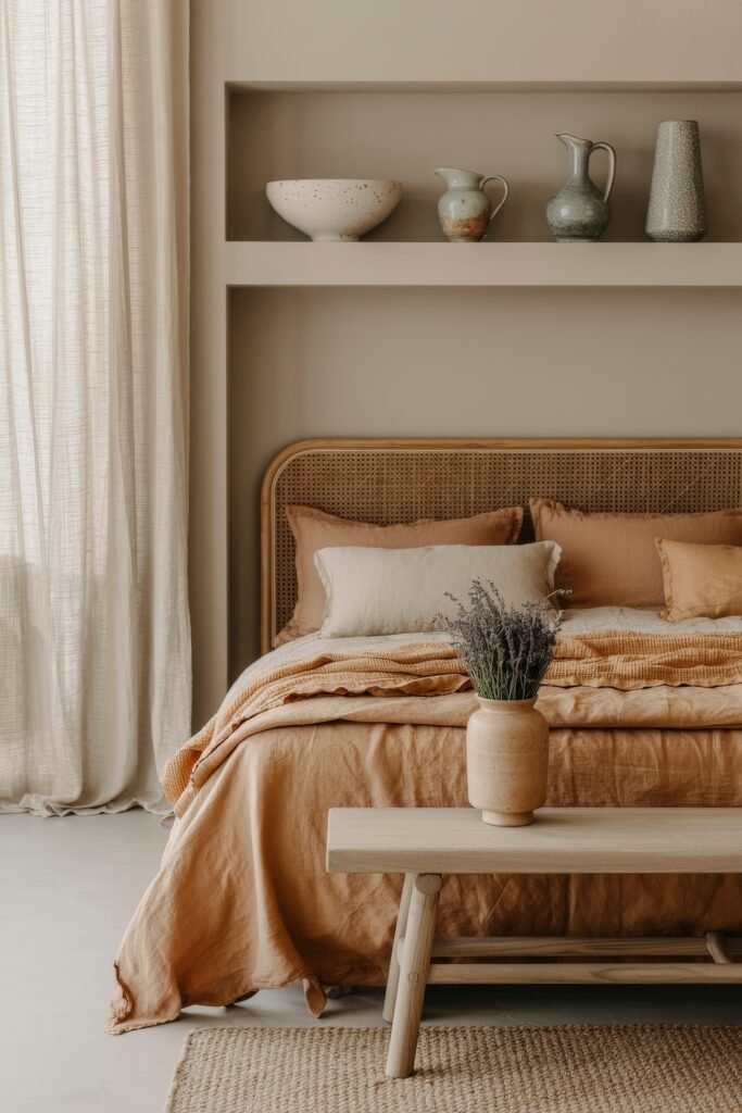 Earthy Bedroom Ideas: 12 Essential Ways to Elevate Your Space 28 Earthy Bedroom Idea with rich terracotta linens, rattan headboard, dried lavender in a clay vase on a wood bench, and artisanal pottery on wall shelves.