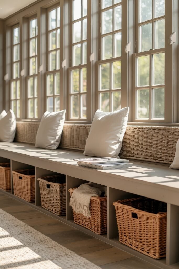 Cozy Fall Sunroom Ideas: Autumn Decor for a Warm Retreat 30 Sunroom window bench with white pillows, woven baskets for storage underneath, and sunlight streaming through tall windows.