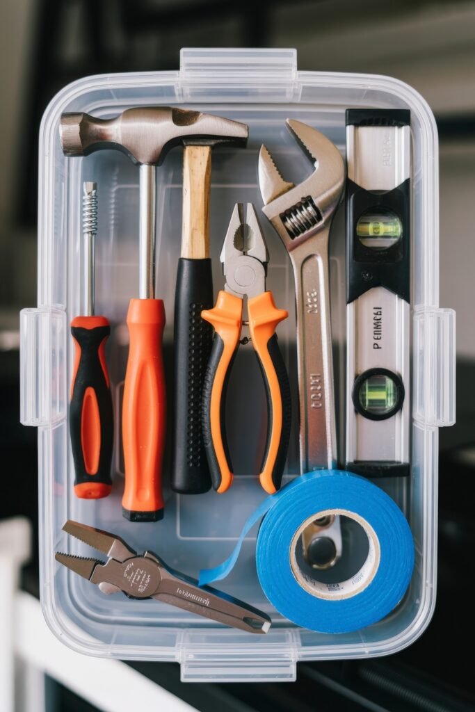 First Apartment Checklist: Essential Tips You’ll Love 29 Clear plastic tool kit containing essential items like a hammer, screwdrivers, pliers, wrench, level, and painter’s tape—an important addition to any first apartment checklist.