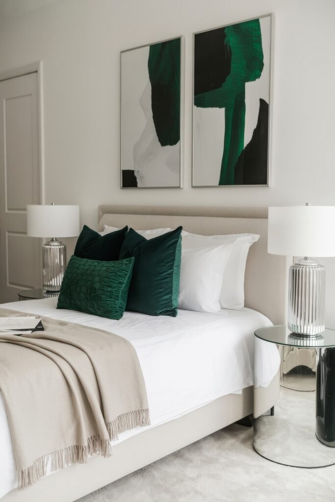 Glam Bedroom Décor: Essential Tips for Luxe Sleep 31 Contemporary bedroom featuring deep emerald green velvet pillows on a white bed, abstract green and black artwork above the headboard, and chrome lamps on mirrored side tables for a fresh yet luxurious look.