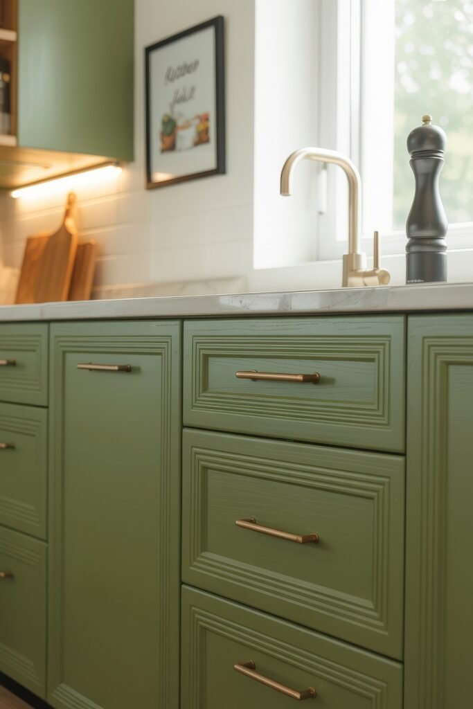 Green Kitchen Cabinets: Stylish Ways to Elevate Style 29 Under-window view of a kitchen counter with muted green cabinets, bronze handles, and a white marble-look countertop, styled with a gold faucet, pepper mill, and cutting boards.