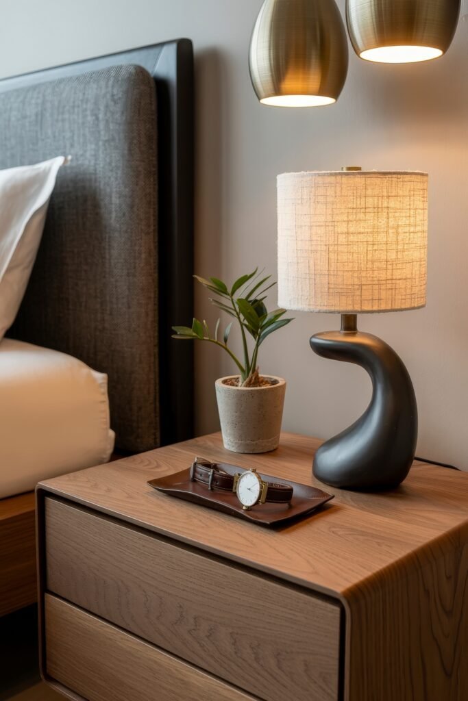 Masculine Luxury Bedroom: Genius Luxe Ideas 33 Softly lit nightstand with a sculptural black lamp, a small potted plant, and a leather watch tray, set against a neutral backdrop with a modern upholstered bed and brass lighting.