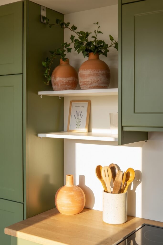 Sage Green Kitchen Bliss: Inspiring Ideas 28 Corner of a sage green kitchen with white shelving, terracotta vases holding trailing plants, and warm sunlight highlighting simple decor.