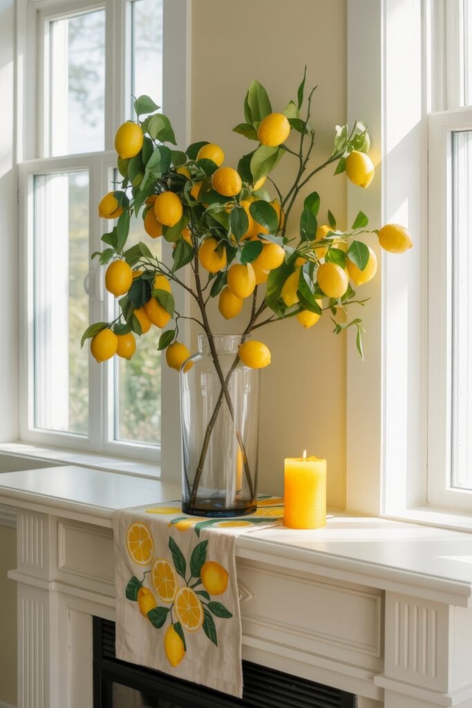 Summer Mantel Decor Tips (Even If You Don’t Have a Fireplace) 27 Bright yellow lemon branches in a clear glass vase on a mantel with a yellow candle and lemon-patterned cloth, perfect for summer mantel decor.