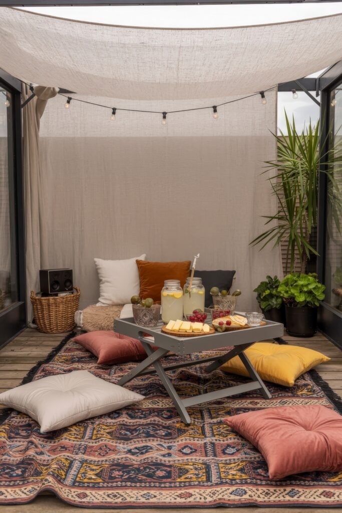 Bright Summer Sunroom Ideas: Airy Decor for Sunny Days 31 A relaxed sunroom setup with floor pillows, a tray of lemonade and snacks on a small table, under a light canopy with string lights.