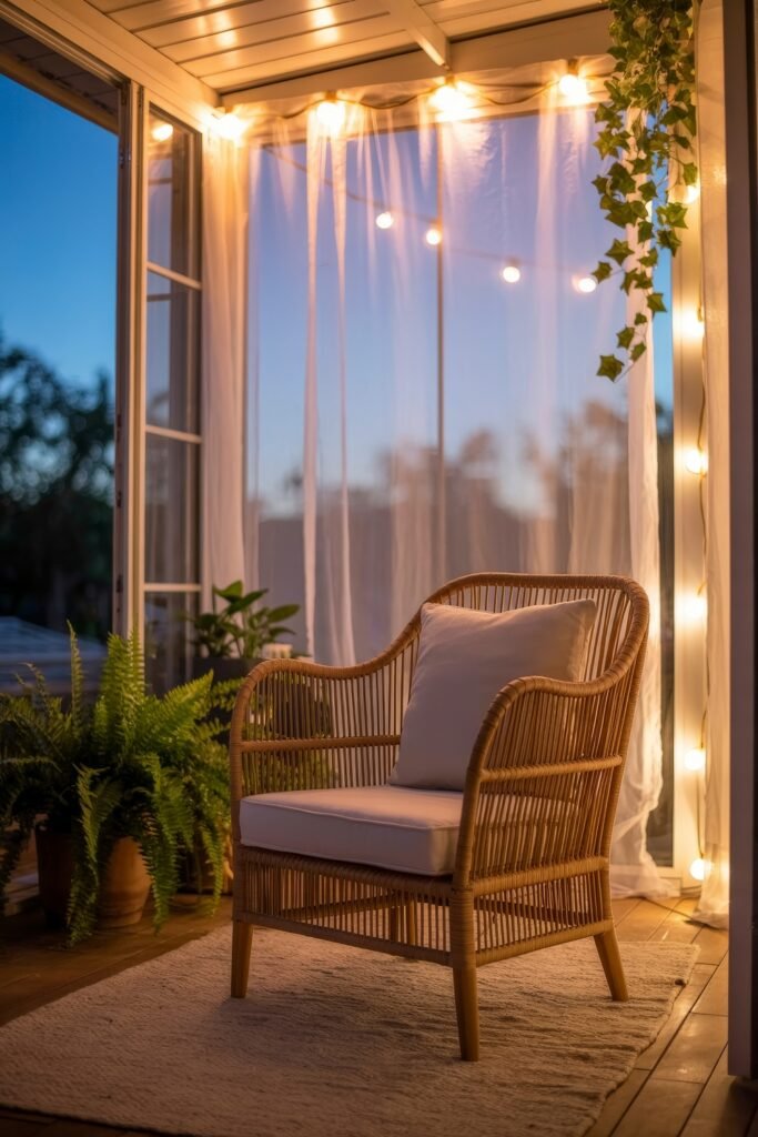 Indoor Sunroom Furniture Ideas for Cozy Winters & Breezy Summers 26 Evening sunroom scene with a wicker armchair, string lights, and lush greenery creating a serene glow.