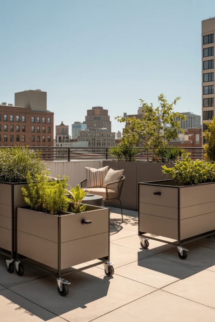 Stylish Rooftop and Terrace Garden Design 36 Sunny rooftop terrace with large, modern rolling planters filled with herbs and small trees, surrounding a cozy seating area against a backdrop of city buildings.